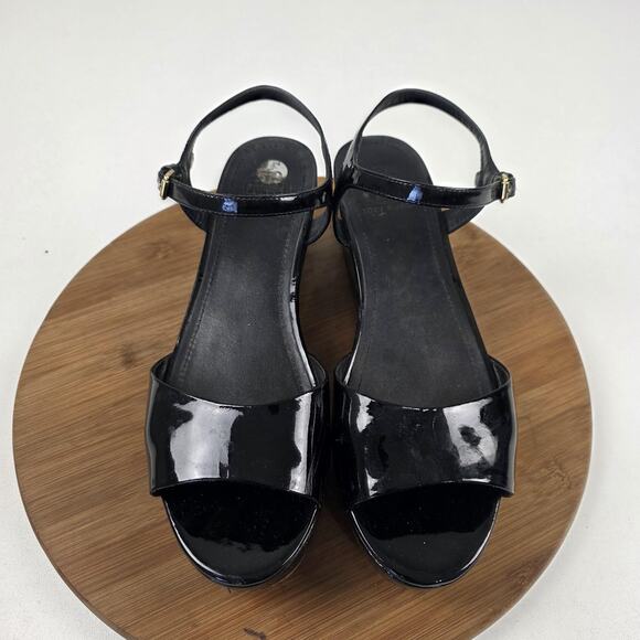Tory Burch Sandals Womens Size 9 Black Patent Leather Wedge Platform Ankle Strap - Picture 4 of 16
